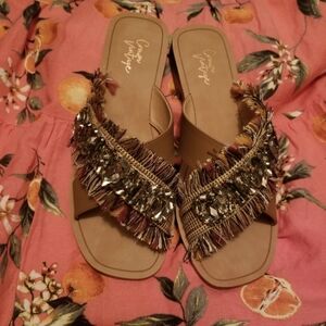 Crown Vintage Somaya Boho Fringe Tan Leather Jewel Flat Slide Slip-on Sandals 8